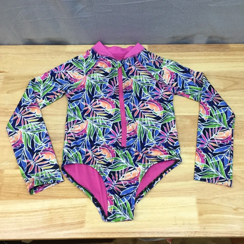 Vince Camuto Girls Long Sleeve One Piece Swimsuit Tropical Palm Print‎ Size 12